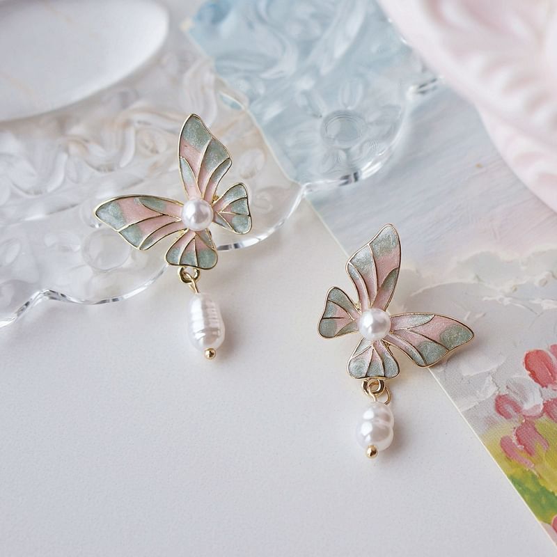 / Butterfly Pearl Faux Earring On Clip Enamel Drop