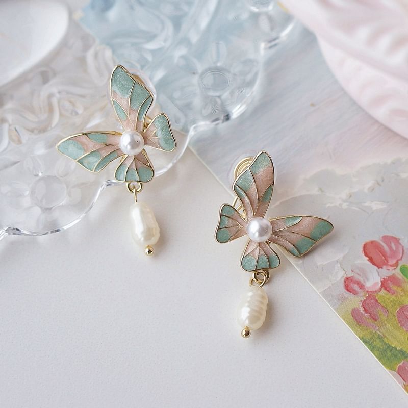 / Butterfly Pearl Faux Earring On Clip Enamel Drop
