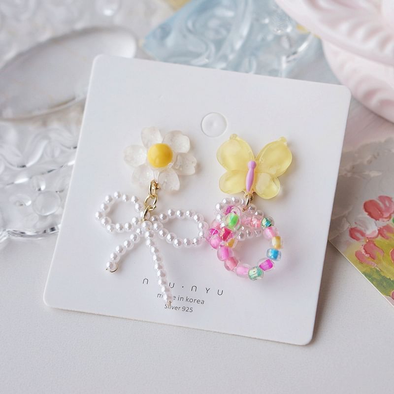 Flower Earring Beaded Drop Clip On / Asymmetrical