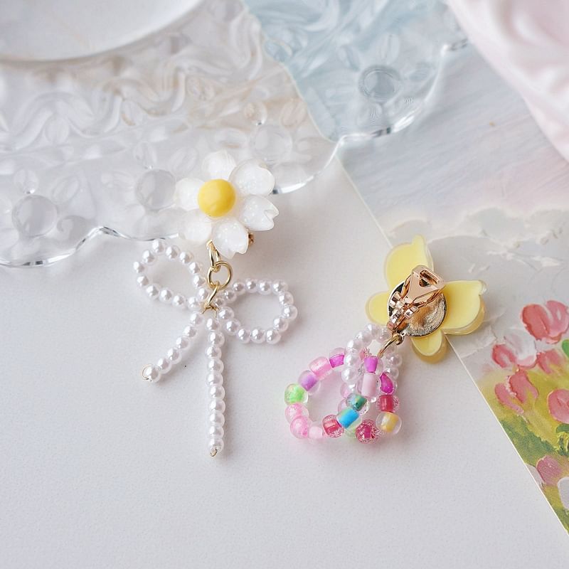 Flower Earring Beaded Drop Clip On / Asymmetrical