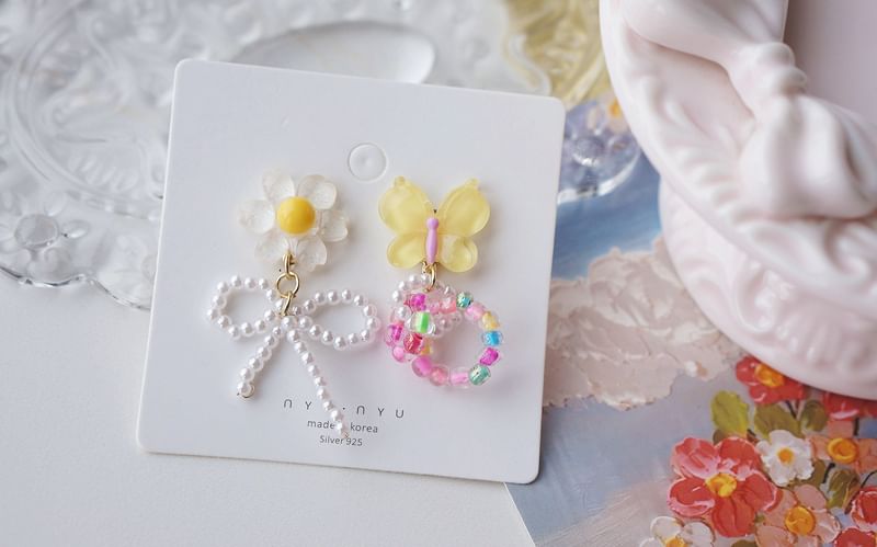 Flower Earring Beaded Drop Clip On / Asymmetrical