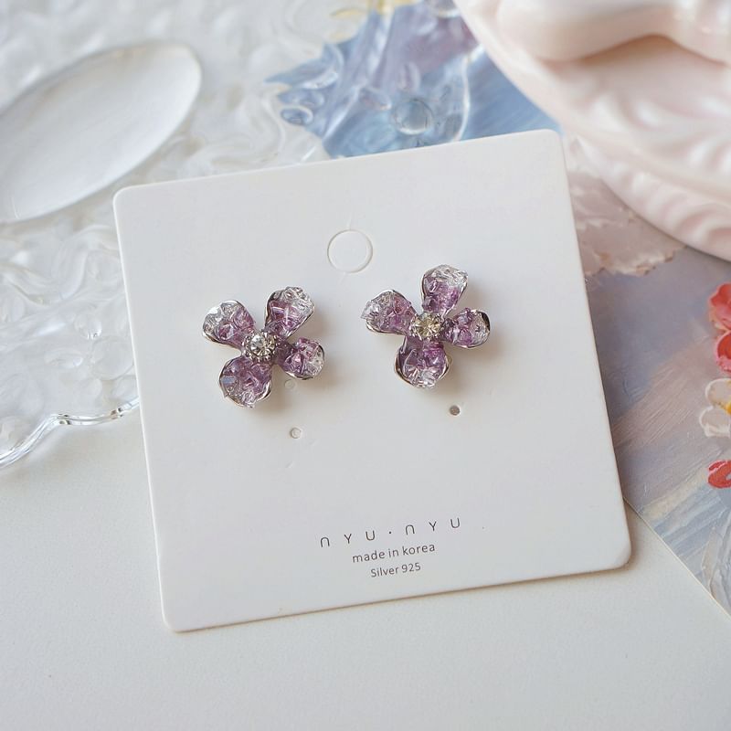 On Earring Stud / Clip Rhinestone Flower