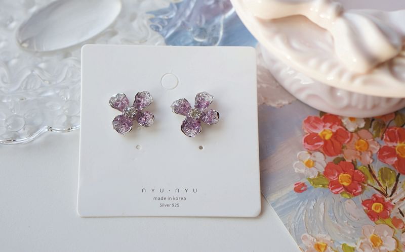 On Earring Stud / Clip Rhinestone Flower