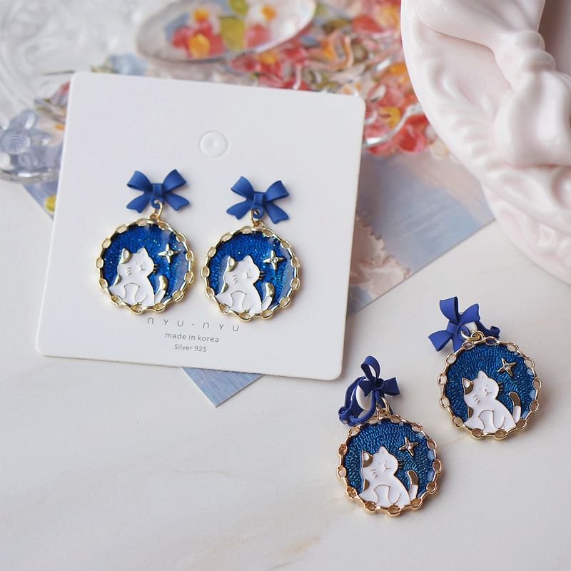 Drop On Enamel Earring Clip Cat Bow /