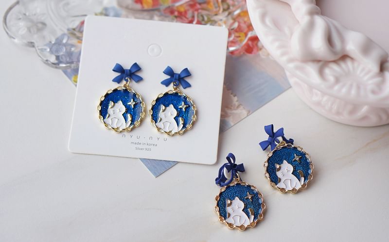 Drop On Enamel Earring Clip Cat Bow /