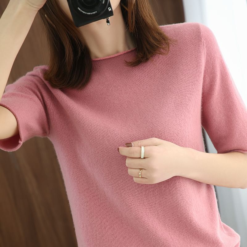 Elbow-Sleeve Round Neck Plain Knit Top