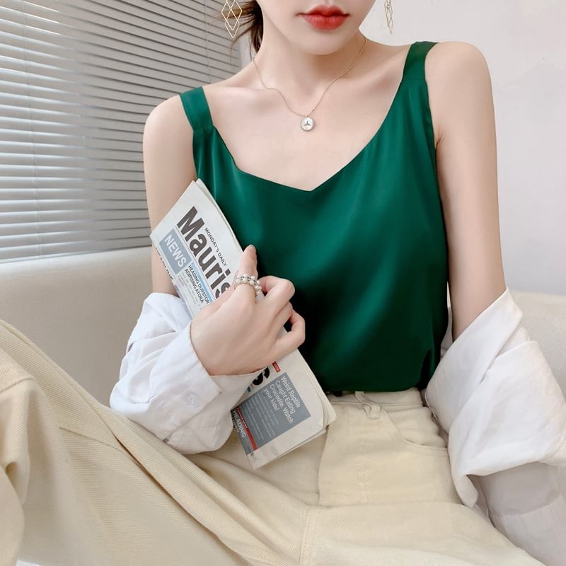V-Neck Plain Satin Tank Top
