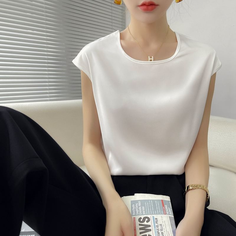 Cap-Sleeve Crew Neck Plain Satin Blouse