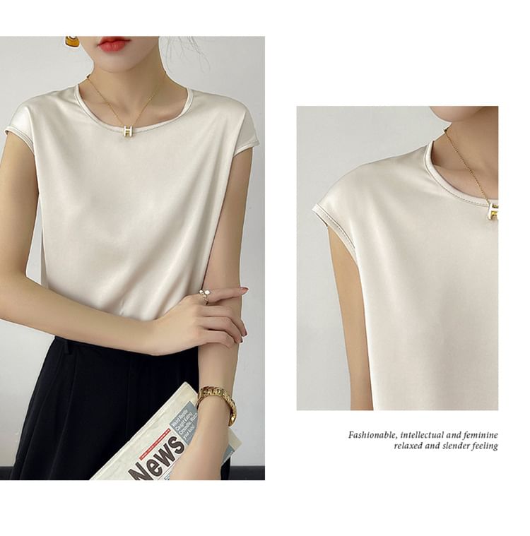 Cap-Sleeve Crew Neck Plain Satin Blouse