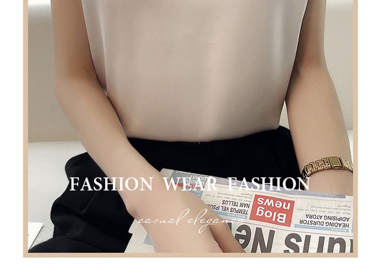 Cap-Sleeve Crew Neck Plain Satin Blouse