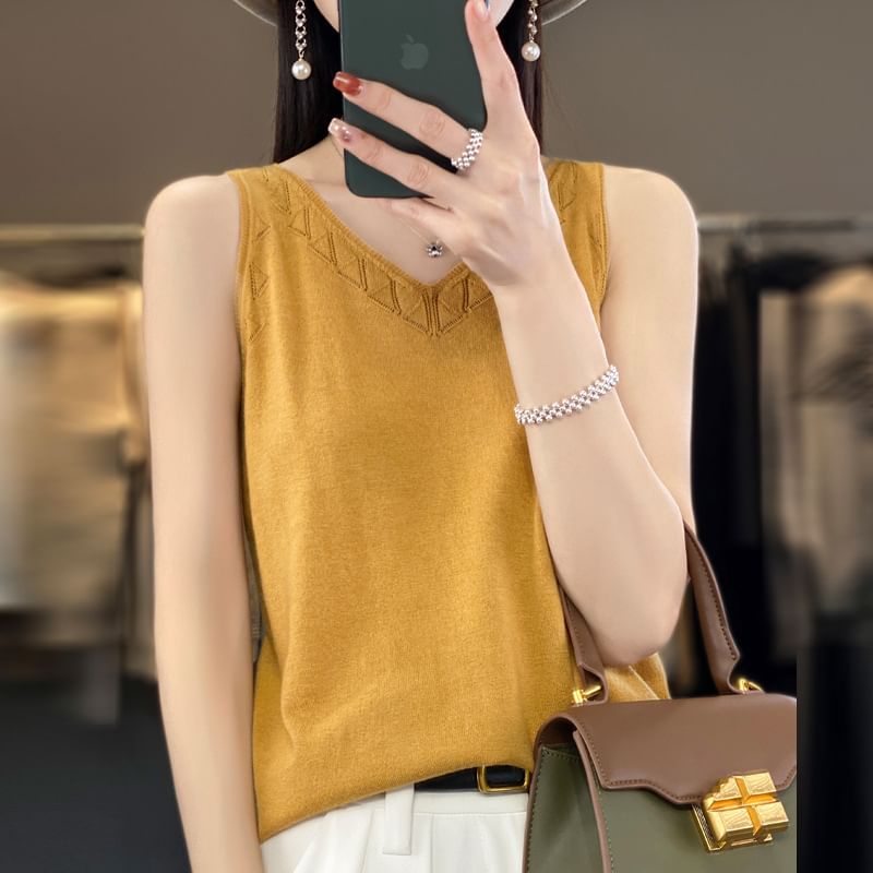 V-Neck Plain Perforated Knit Tank Top