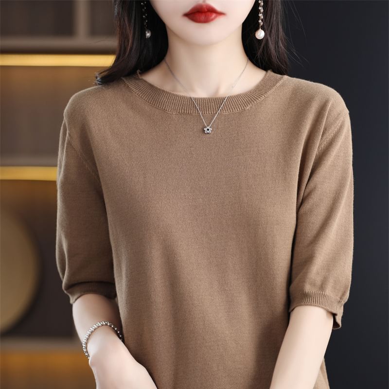 Elbow-Sleeve Crew Neck Plain Knit Top