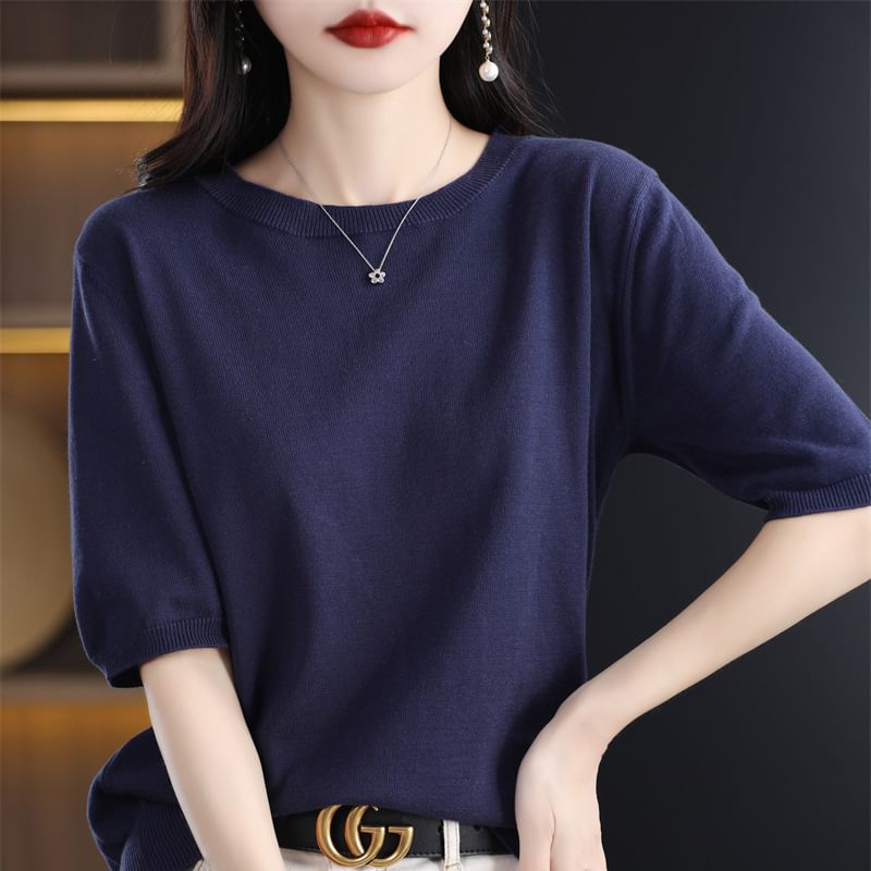 Elbow-Sleeve Crew Neck Plain Knit Top