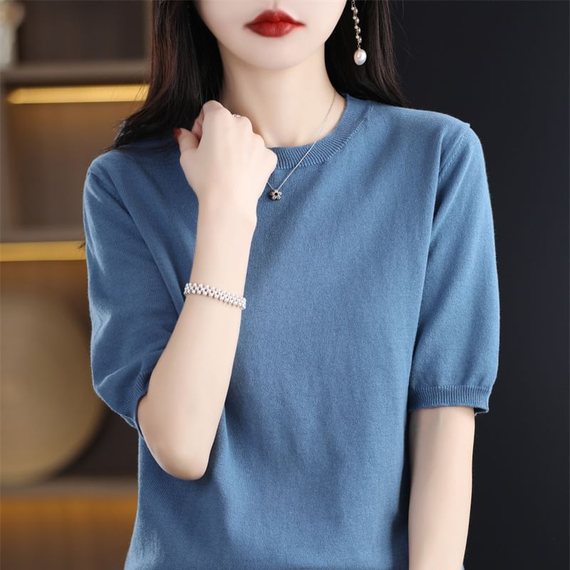 Elbow-Sleeve Crew Neck Plain Knit Top