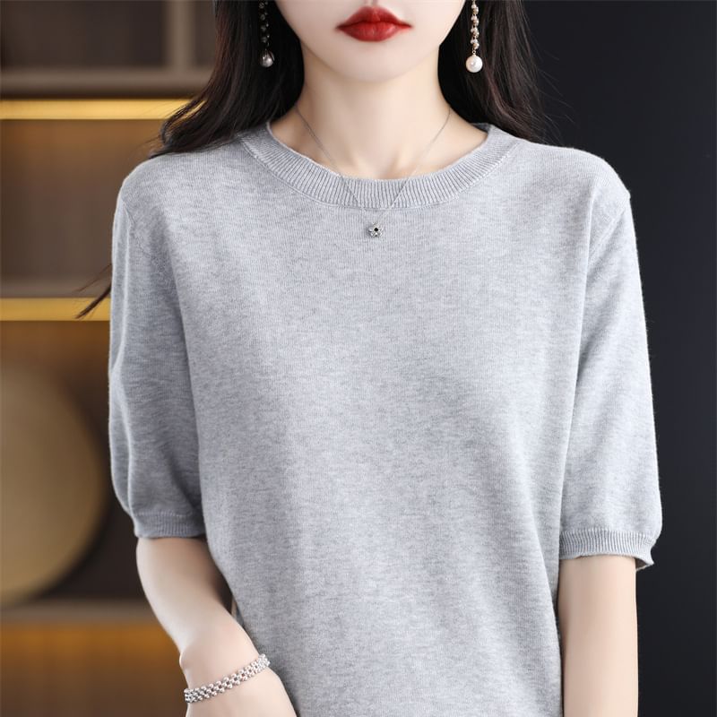 Elbow-Sleeve Crew Neck Plain Knit Top