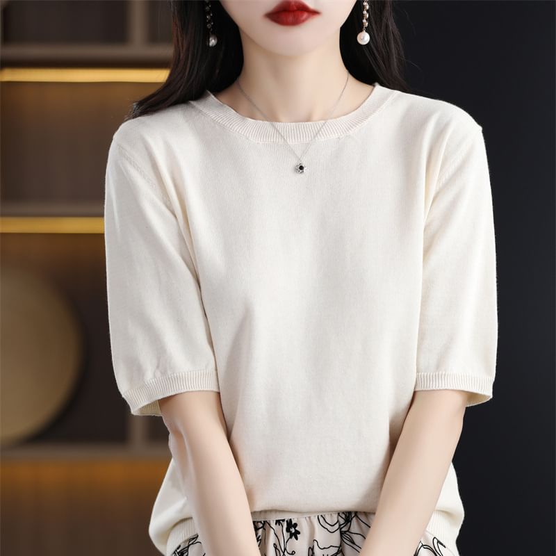 Elbow-Sleeve Crew Neck Plain Knit Top