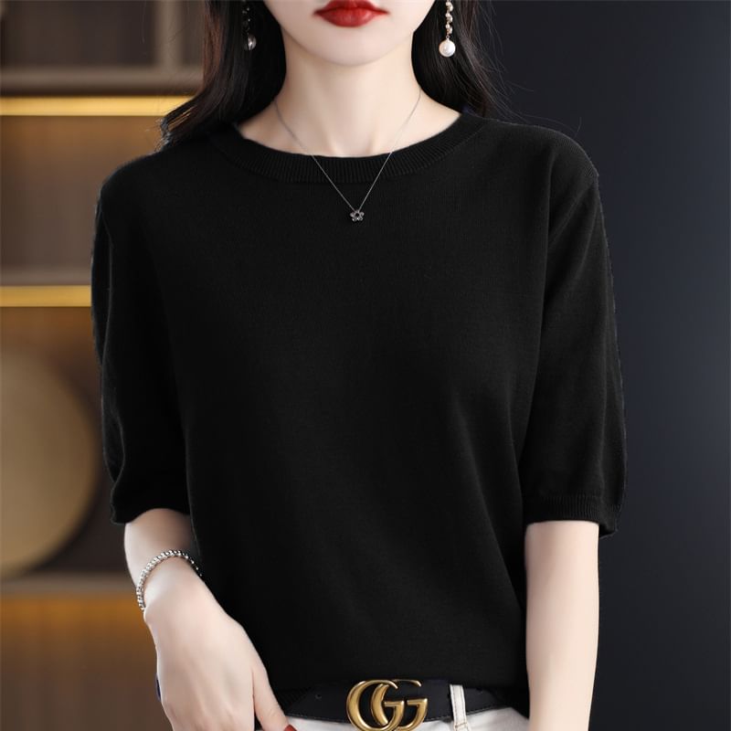 Elbow-Sleeve Crew Neck Plain Knit Top