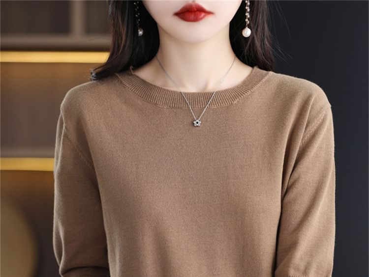 Elbow-Sleeve Crew Neck Plain Knit Top