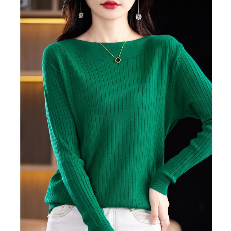 Long-Sleeve Boat Neck Plain Knit Top