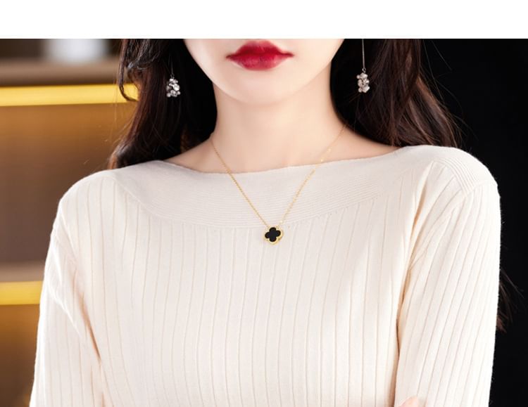 Long-Sleeve Boat Neck Plain Knit Top