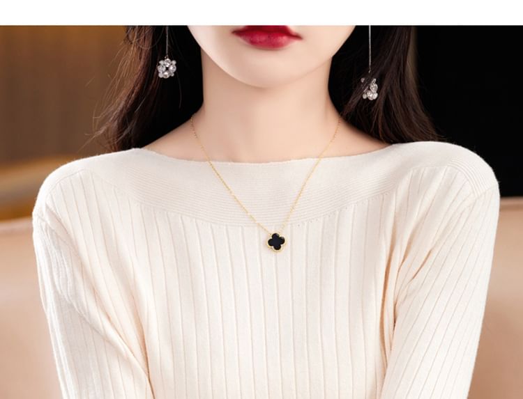 Long-Sleeve Boat Neck Plain Knit Top