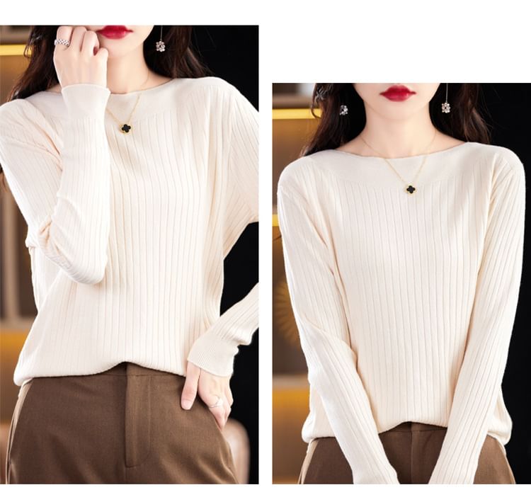 Long-Sleeve Boat Neck Plain Knit Top