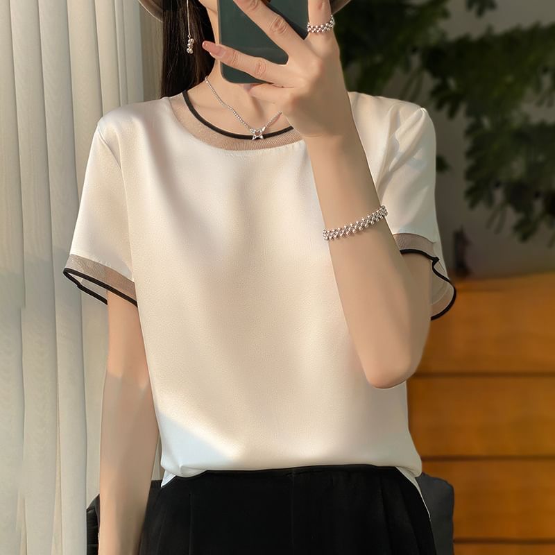 Short-Sleeve Crew Neck Mesh Panel Contrast Trim Satin Blouse