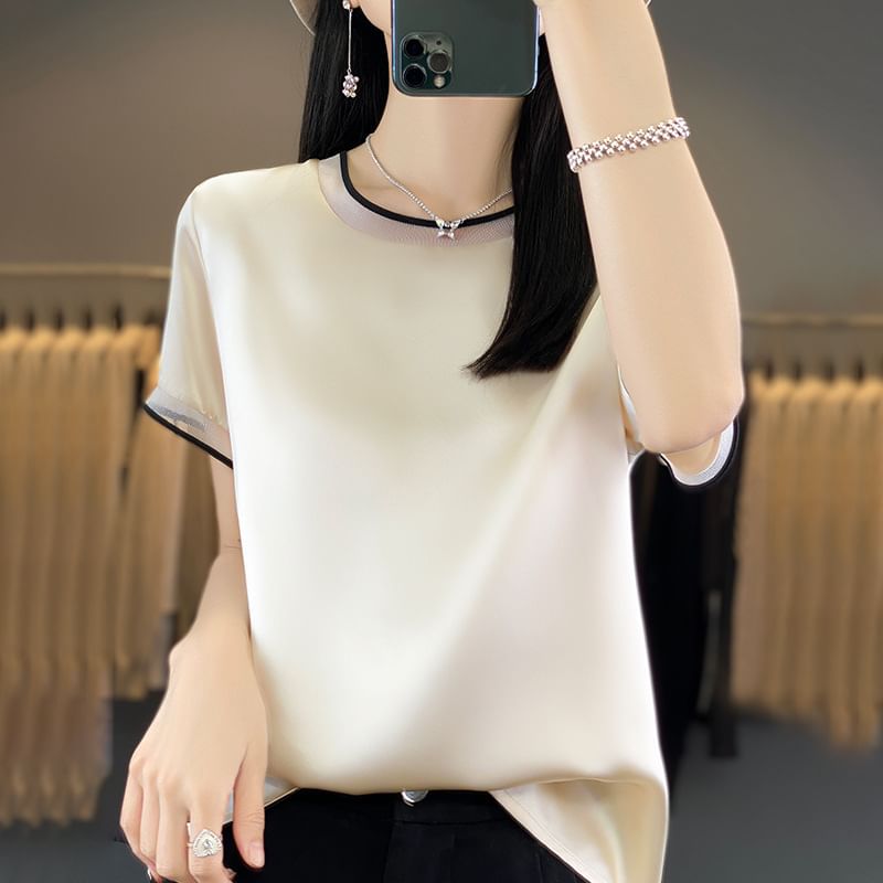Short-Sleeve Crew Neck Mesh Panel Contrast Trim Satin Blouse