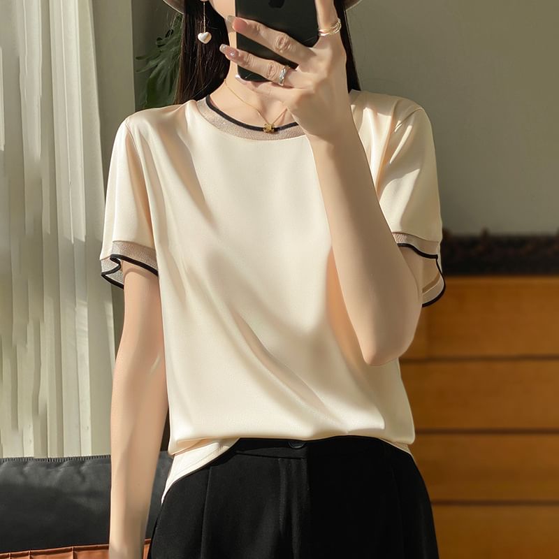 Short-Sleeve Crew Neck Mesh Panel Contrast Trim Satin Blouse