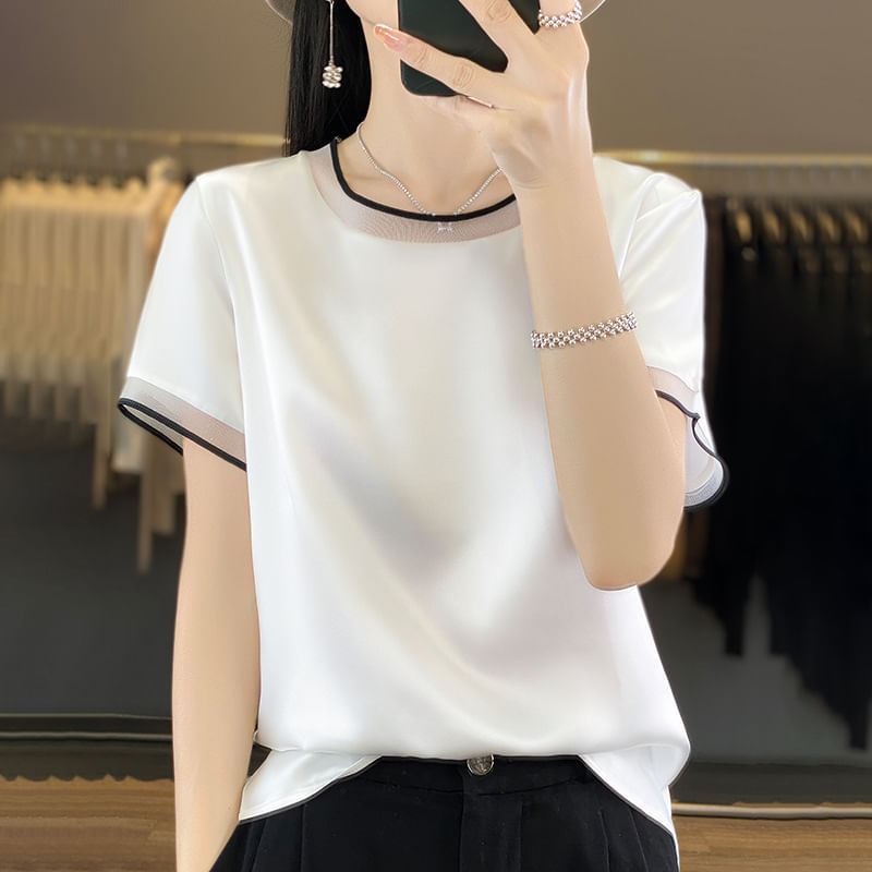 Short-Sleeve Crew Neck Mesh Panel Contrast Trim Satin Blouse