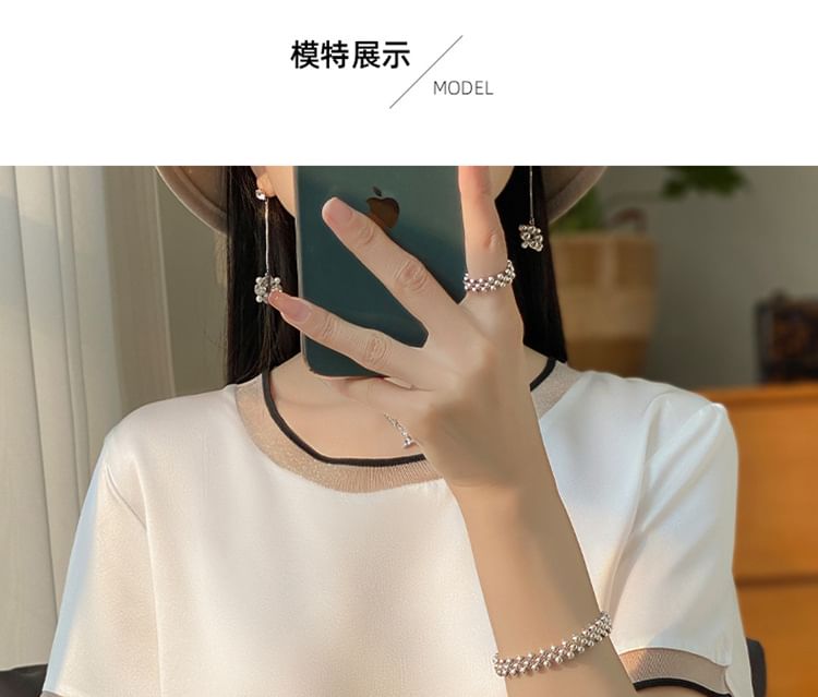 Short-Sleeve Crew Neck Mesh Panel Contrast Trim Satin Blouse