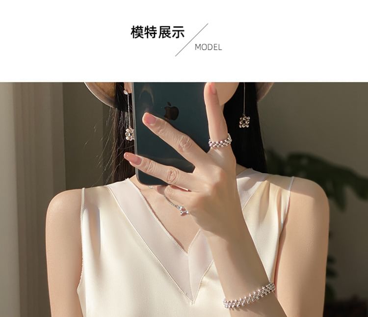 V-Neck Plain Mesh Panel Satin Tank Top