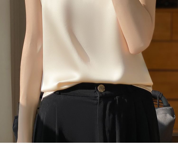 V-Neck Plain Mesh Panel Satin Tank Top