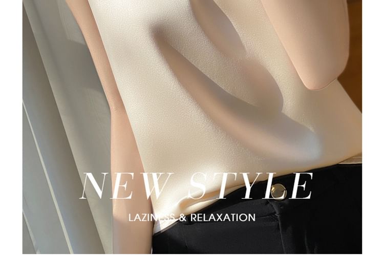 V-Neck Plain Mesh Panel Satin Tank Top