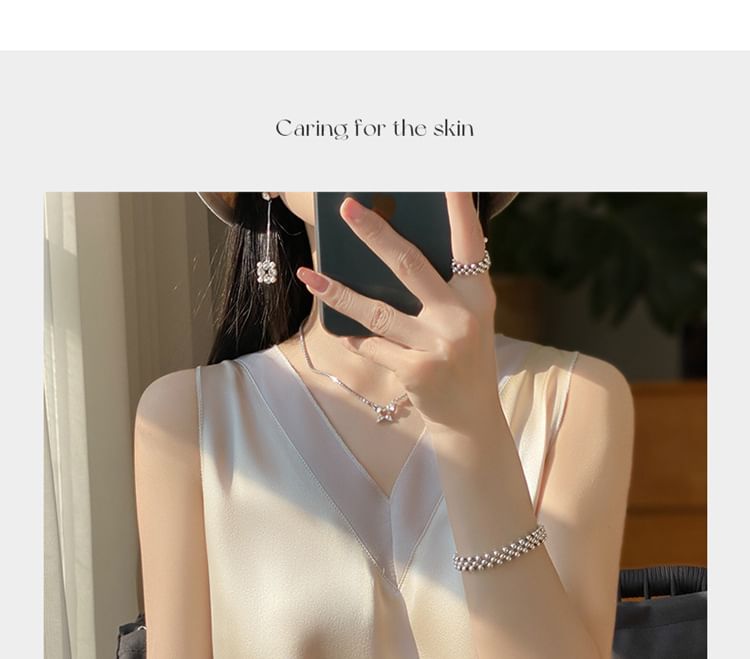 V-Neck Plain Mesh Panel Satin Tank Top