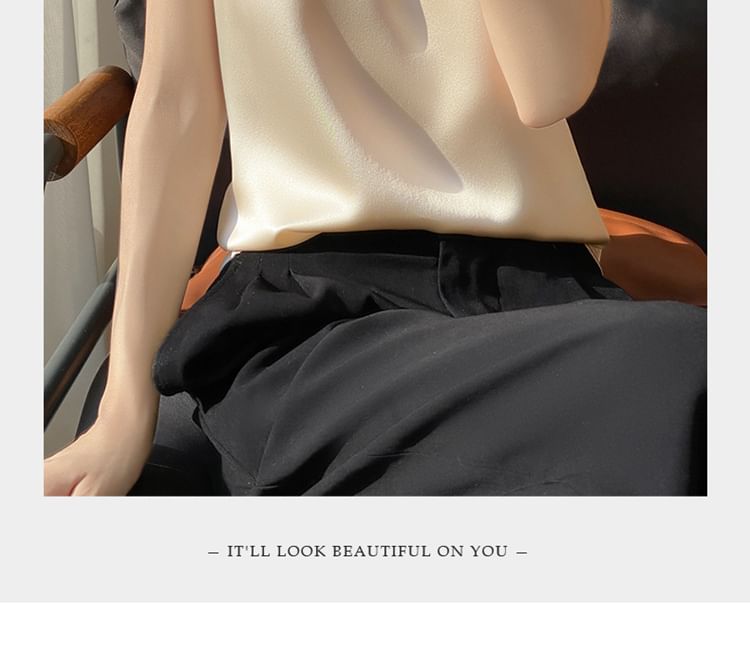 V-Neck Plain Mesh Panel Satin Tank Top