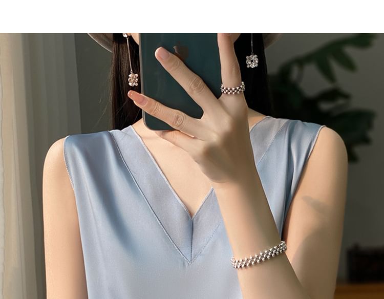 V-Neck Plain Mesh Panel Satin Tank Top