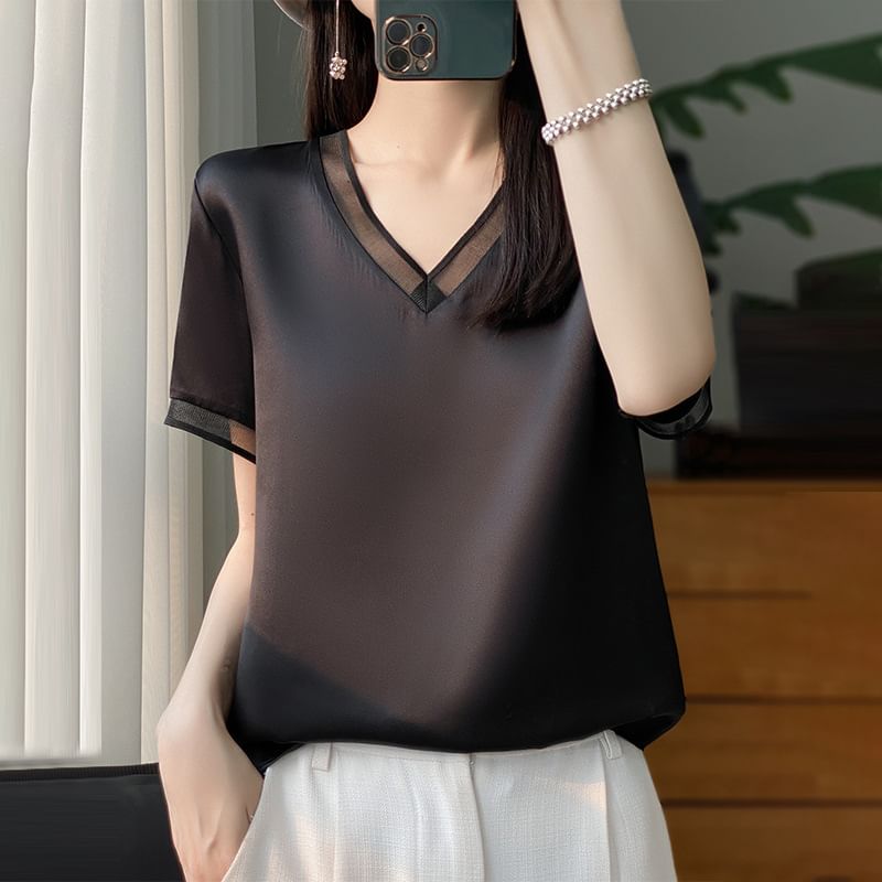 Short-Sleeve V-Neck Mesh Panel Contrast Trim Satin Blouse
