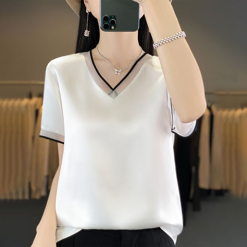 Short-Sleeve V-Neck Mesh Panel Contrast Trim Satin Blouse