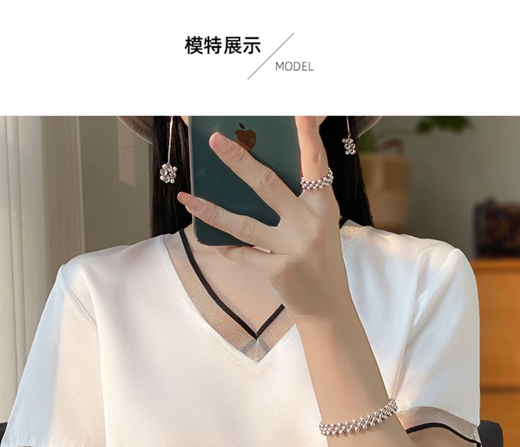 Short-Sleeve V-Neck Mesh Panel Contrast Trim Satin Blouse