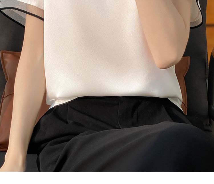 Short-Sleeve V-Neck Mesh Panel Contrast Trim Satin Blouse