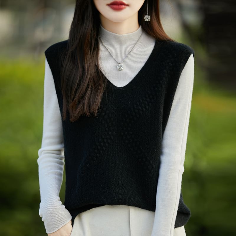 V-Neck Plain Perforated Sweater Vest