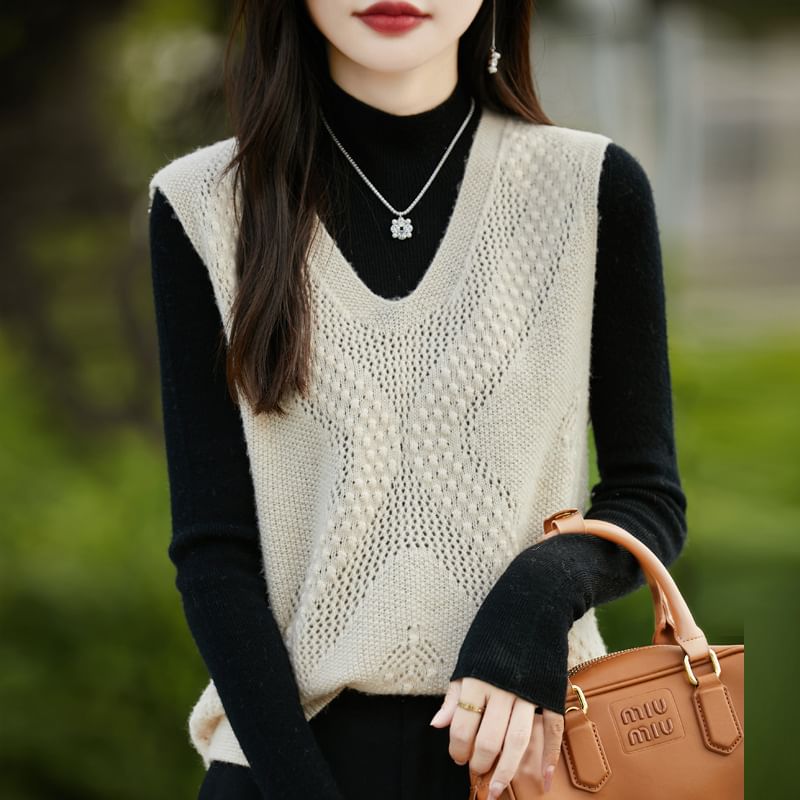 V-Neck Plain Perforated Sweater Vest