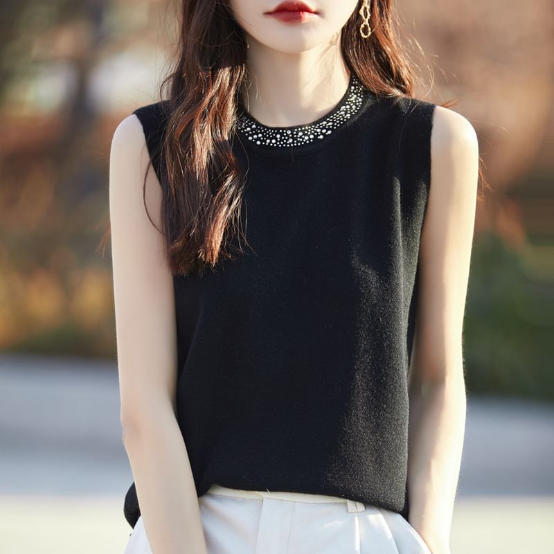 Crew Neck Plain Rhinestone Accent Knit Tank Top