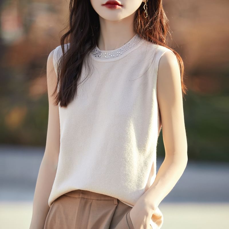 Crew Neck Plain Rhinestone Accent Knit Tank Top