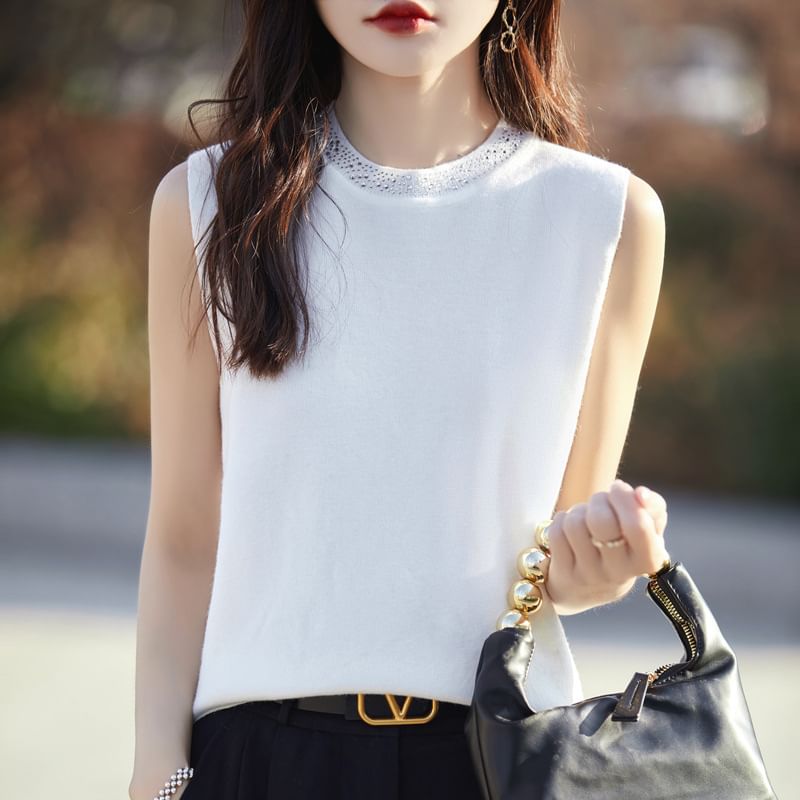 Crew Neck Plain Rhinestone Accent Knit Tank Top