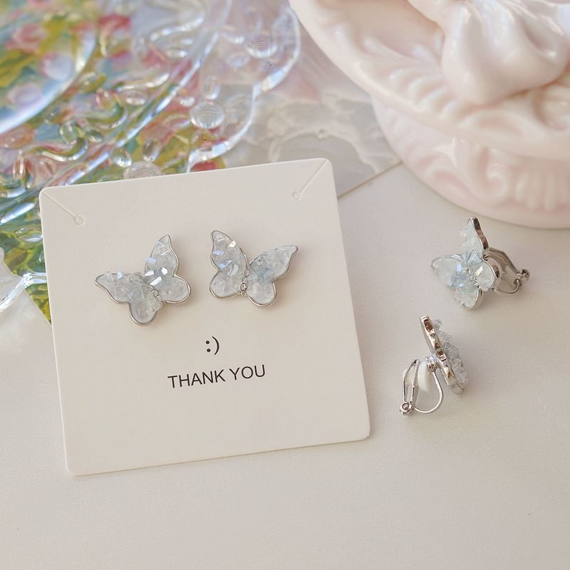 Butterfly Crystal Stud / Ear Faux Earring Clip-On
