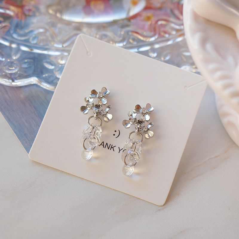 Earring Floral Drop / Clip-On Rhinestone Crystal Faux