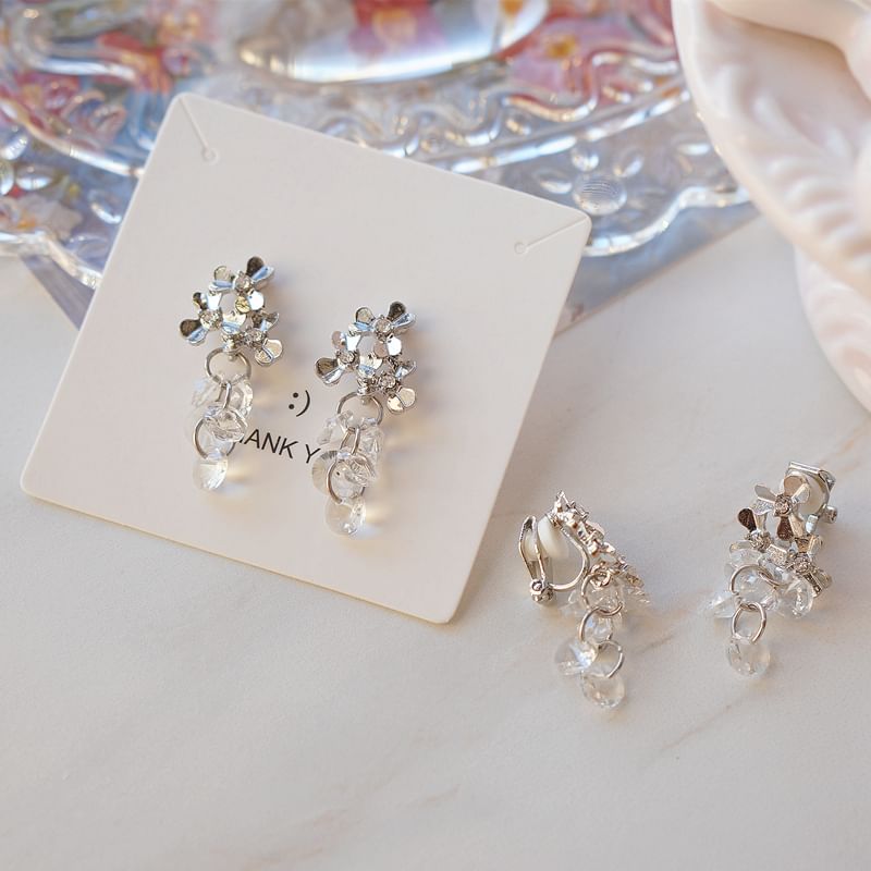 Earring Floral Drop / Clip-On Rhinestone Crystal Faux
