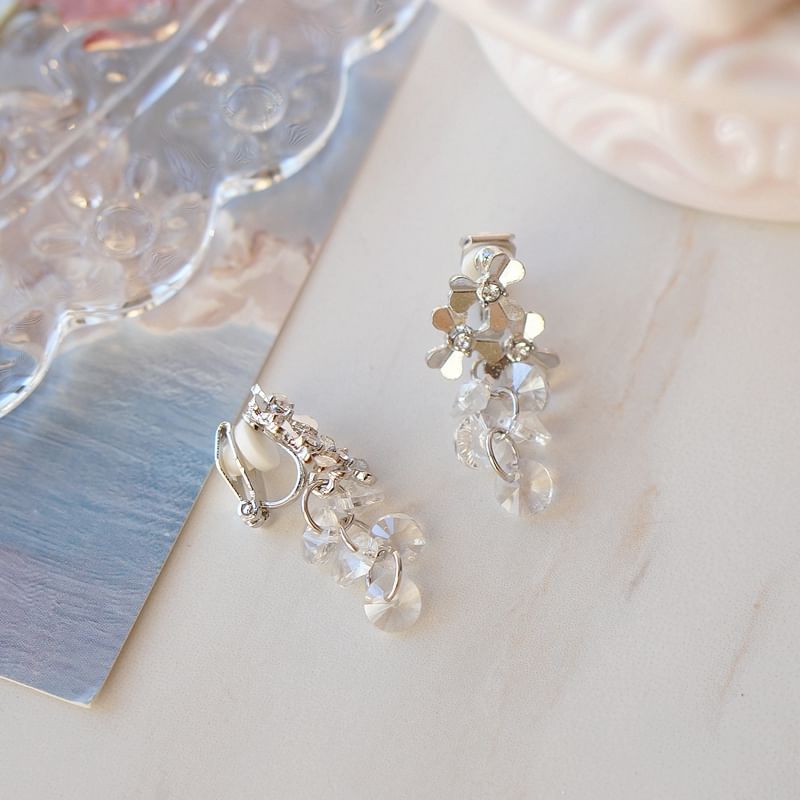 Earring Floral Drop / Clip-On Rhinestone Crystal Faux